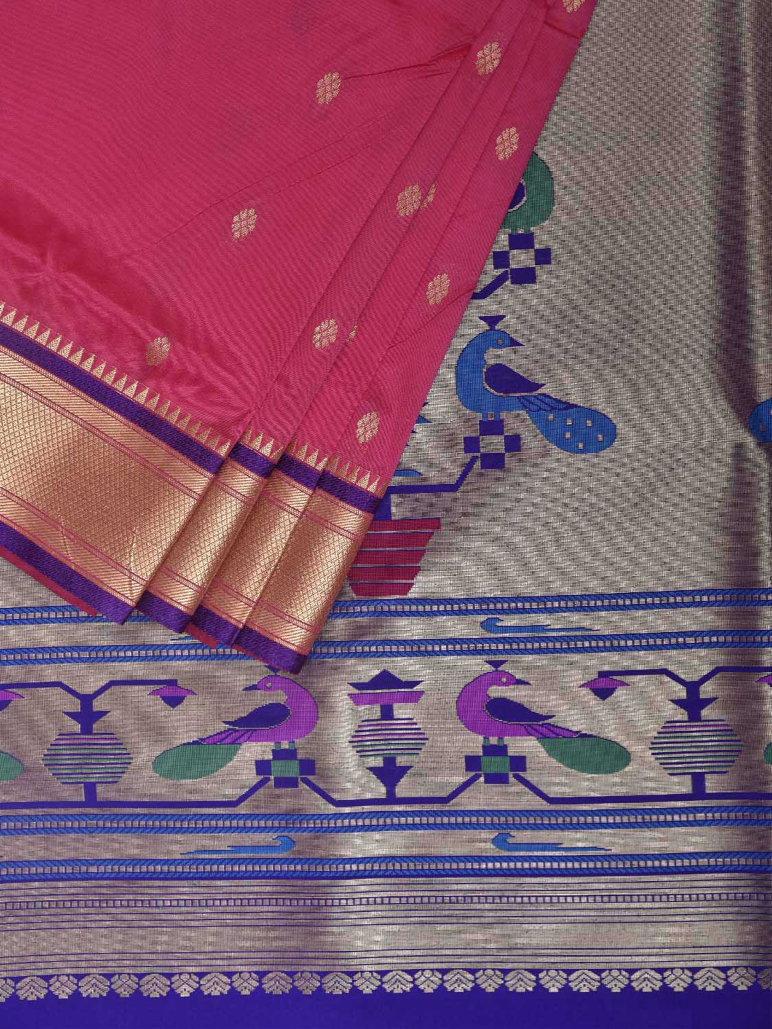 Pink and Dark Blue Jacquard Paithani Viscose Saree with Peacocks Pallu Design jp0079