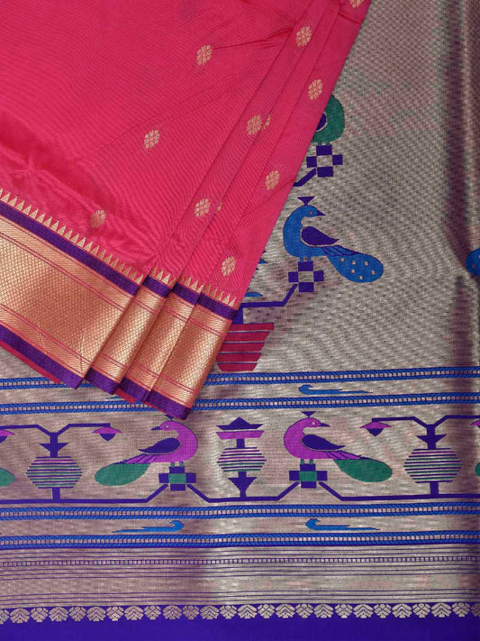 Pink and Dark Blue Jacquard Paithani Viscose Saree with Peacocks Pallu Design jp0079
