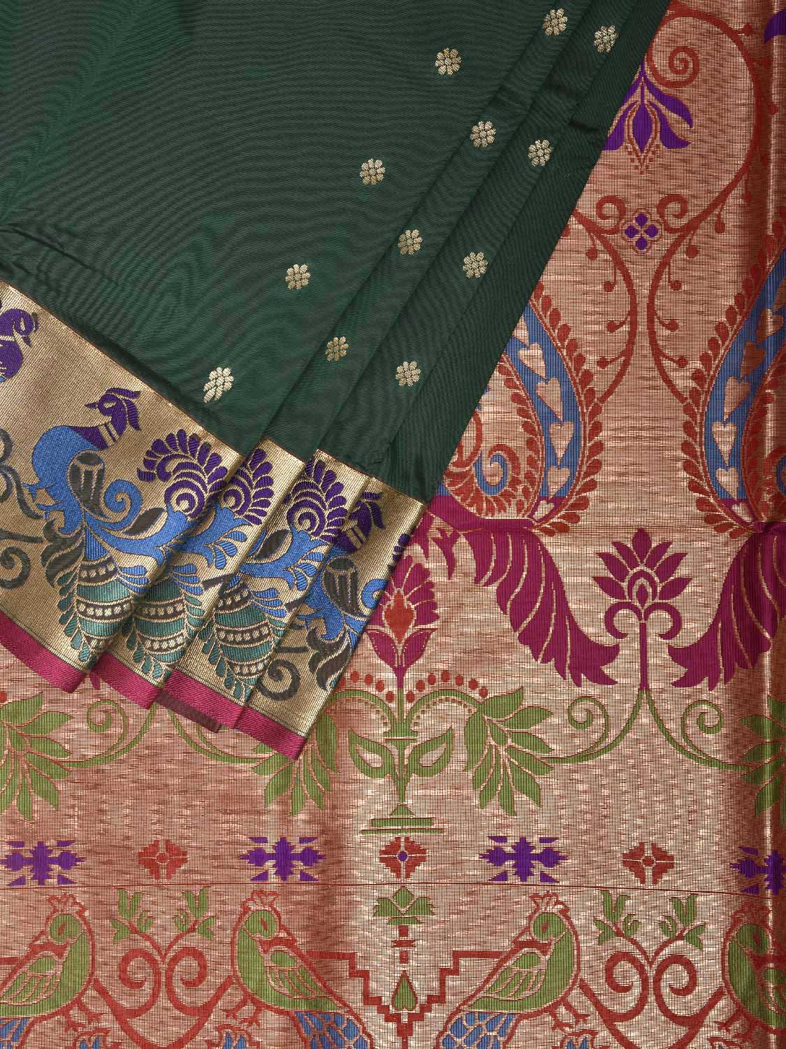 Green and Pink Jacquard Paithani Viscose Saree with Peacocks Pallu and Border Design jp0081
