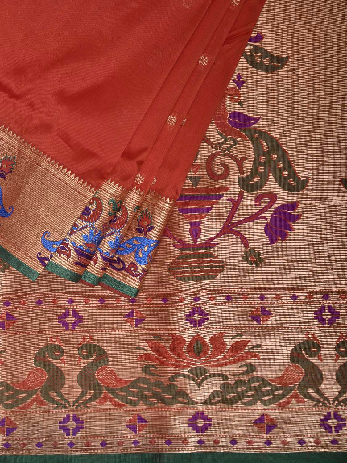 Orange and Green Jacquard Paithani Viscose Saree with Peacocks Pallu and Border Design jp0084