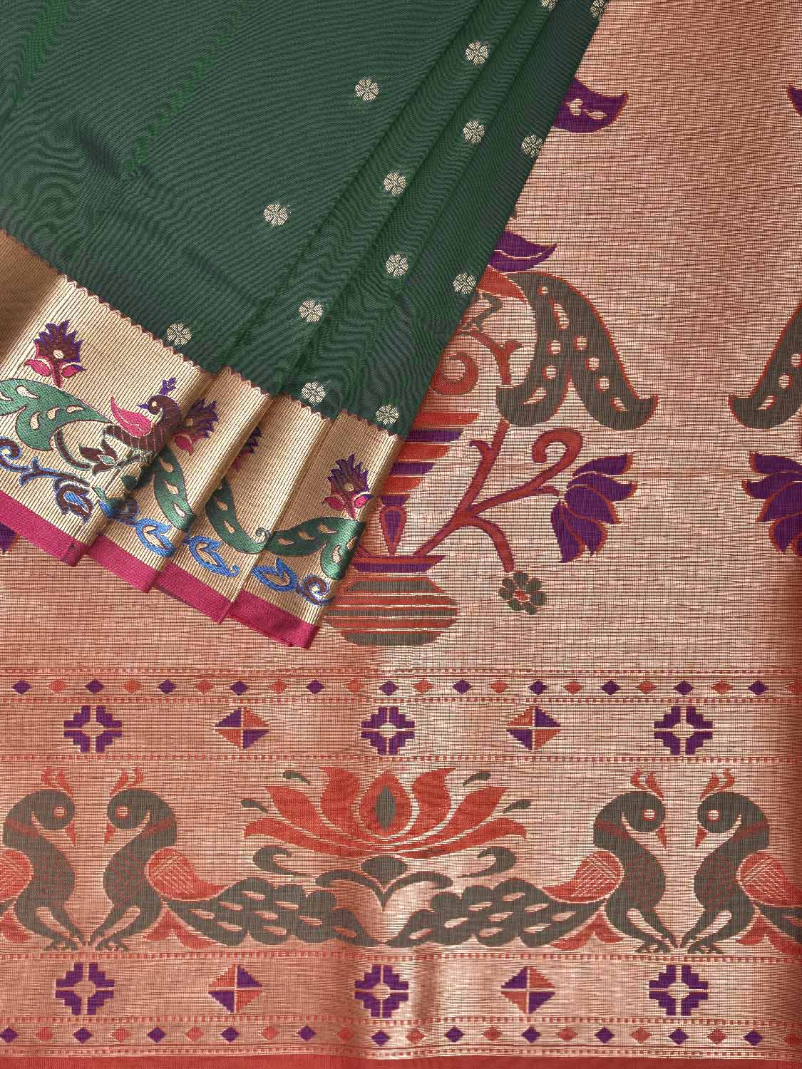 Green and Pink Jacquard Paithani Viscose Saree with Peacocks Pallu and Border Design jp0085