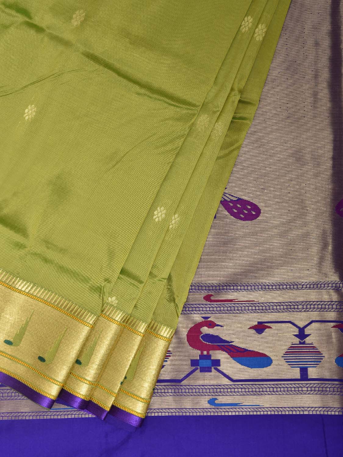 Light Green and Dark Blue Jacquard Paithani Viscose Saree with Peacocks Pallu and Muniya Border Design jp0087
