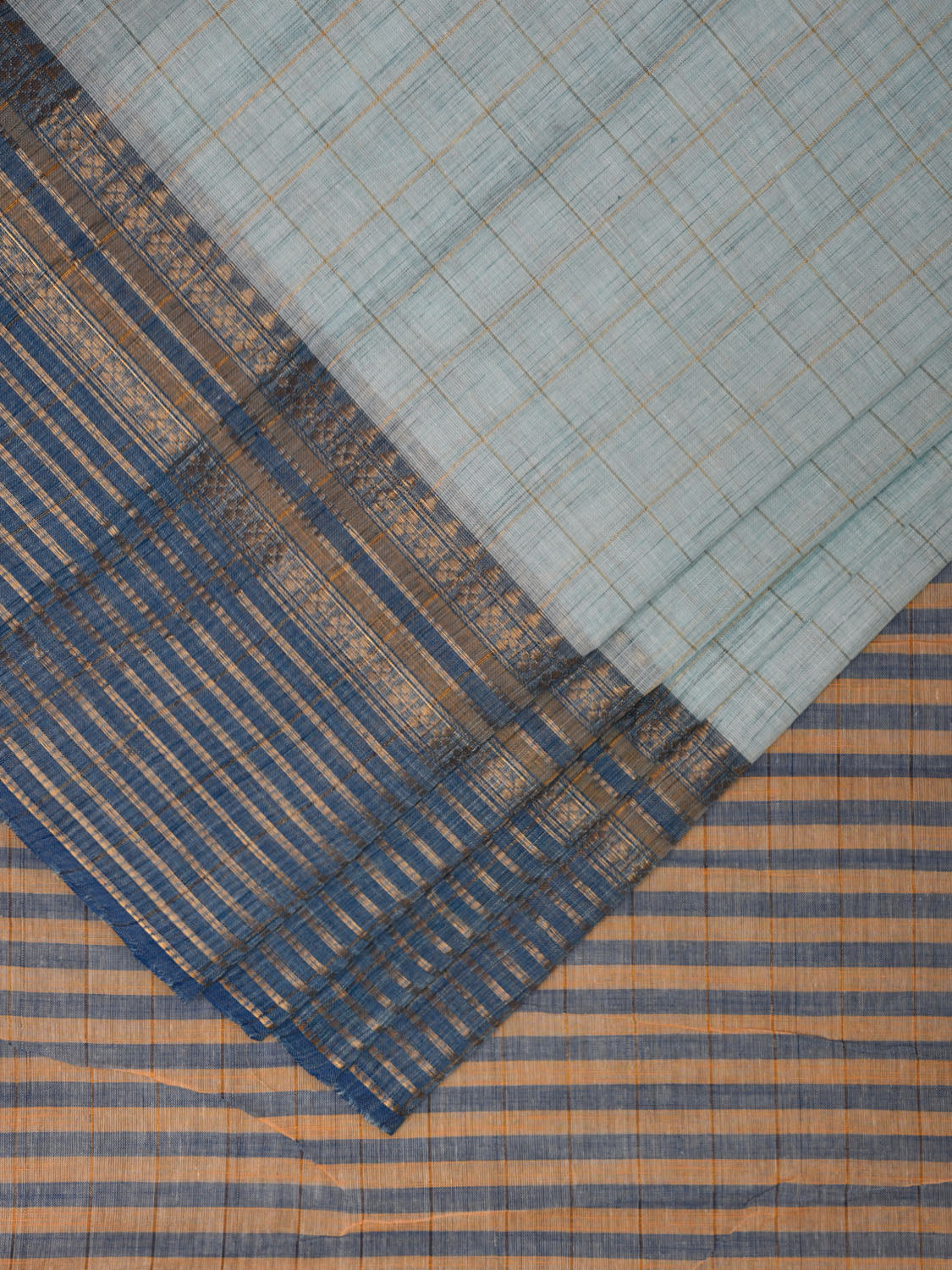 Light Blue and Mustard Kanchipuram Cotton Handloom Saree with Strips Design k0547