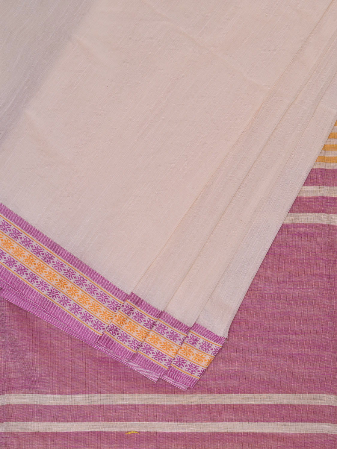 White and Pink Kanchipuram Cotton Handloom Plain Saree with Strips Pallu Design k0591