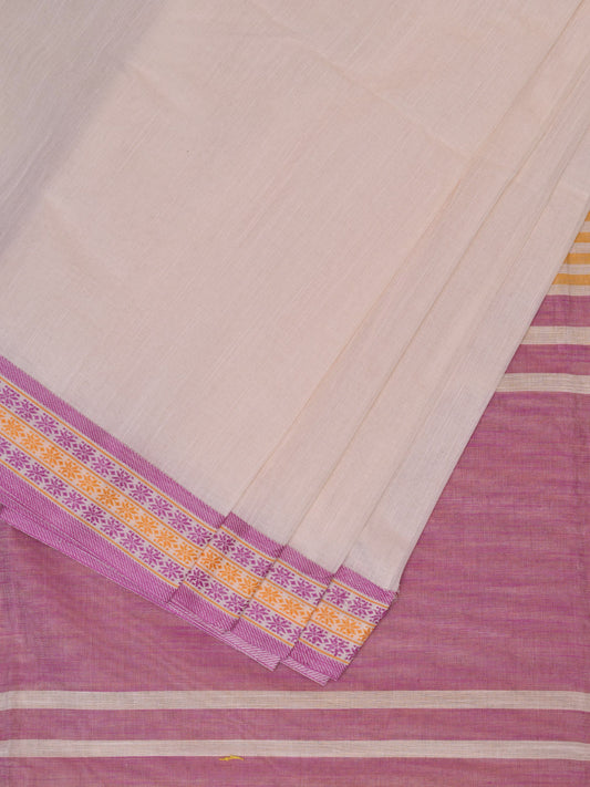 White and Pink Kanchipuram Cotton Handloom Plain Saree with Strips Pallu Design k0591