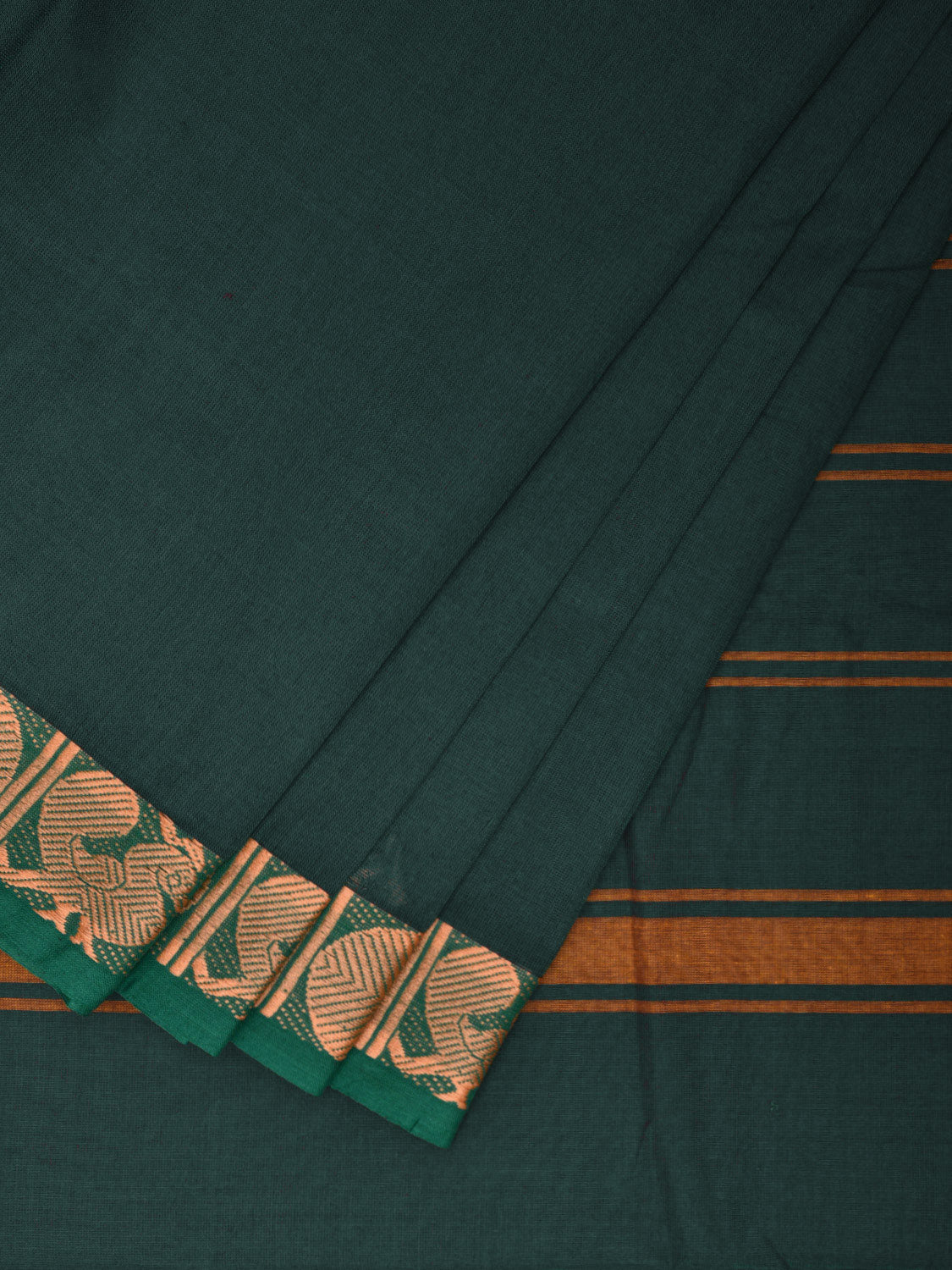 Dark Green Kanchirapum Cotton Plain Saree with Border and Strips Pallu Design No Blouse k0621