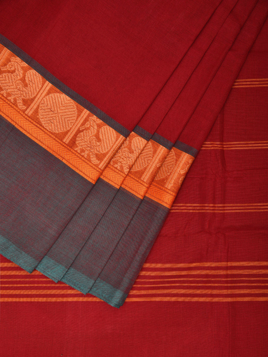 Maroon Kanchirapum Cotton Plain Saree with Border and Strips Pallu Design No Blouse k0622