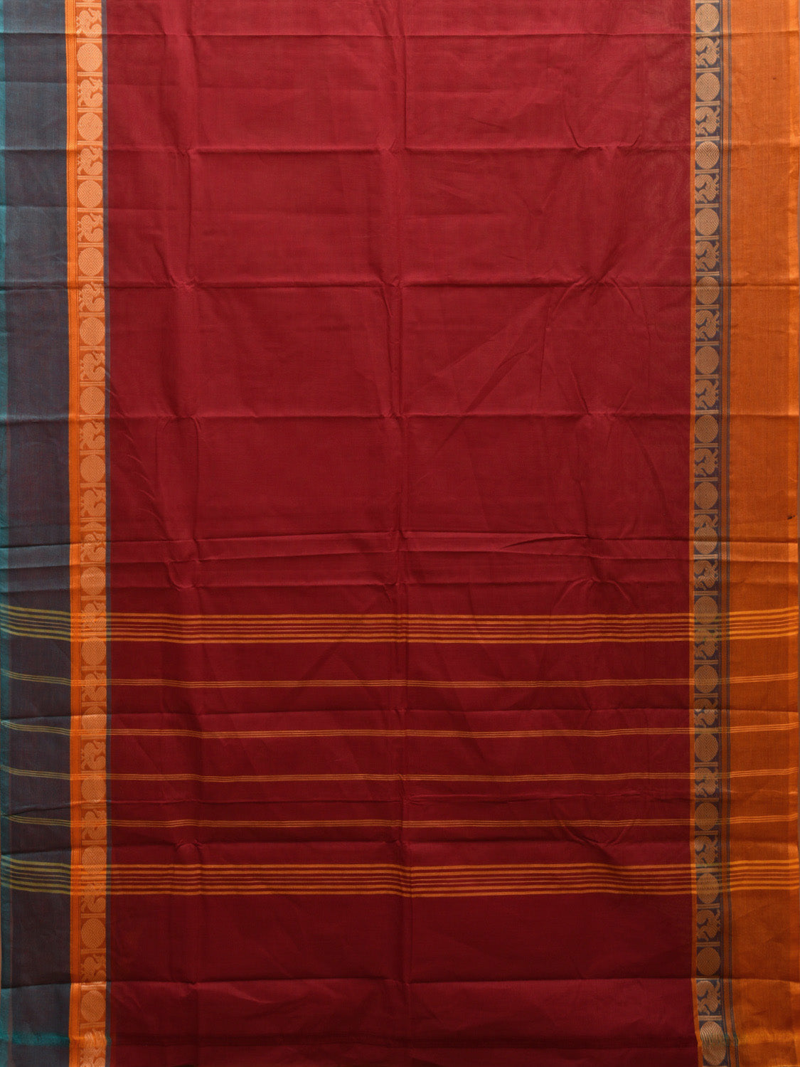 Maroon Kanchirapum Cotton Plain Saree with Border and Strips Pallu Design No Blouse k0622