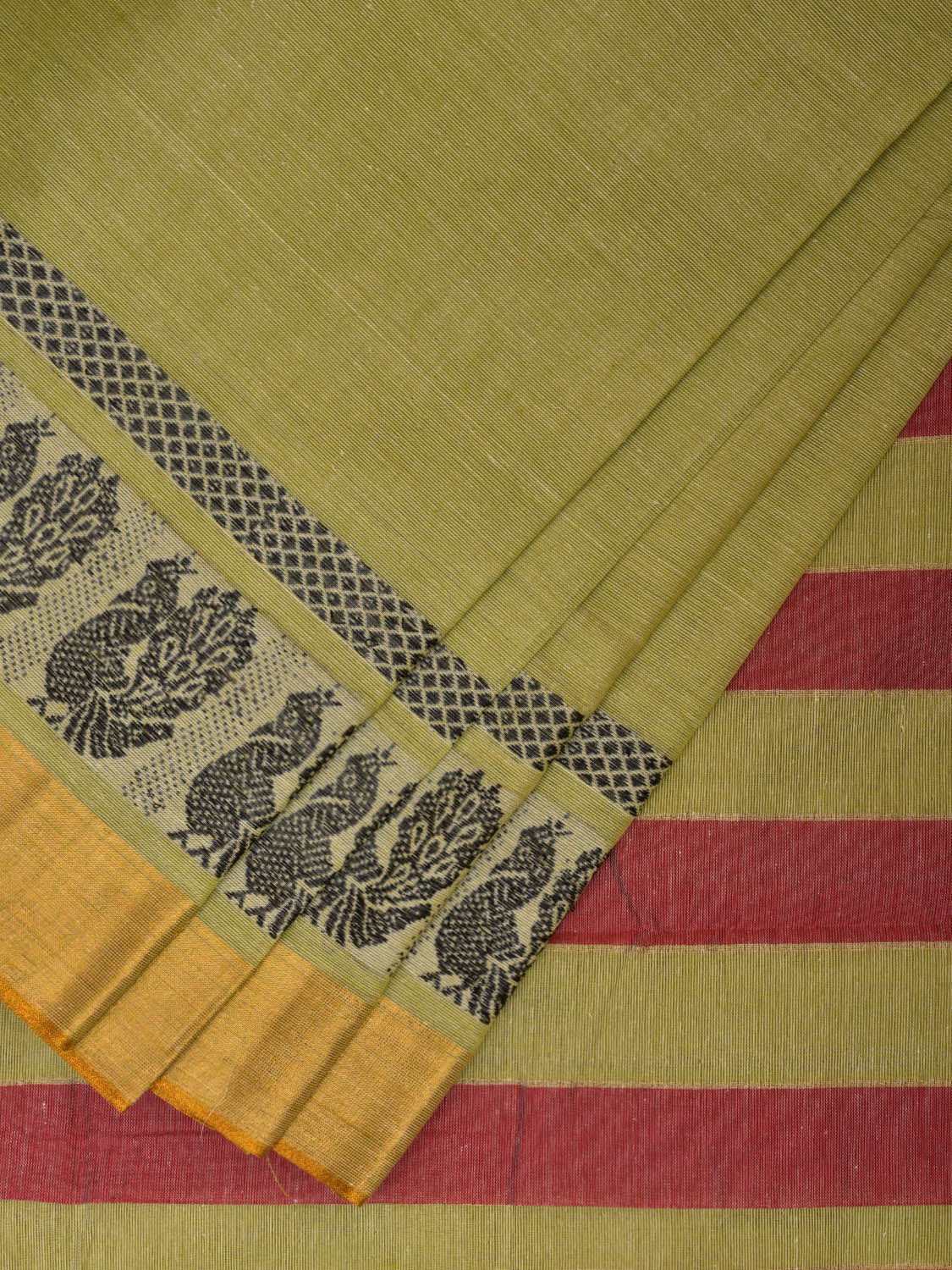 Light Green Kanchipuram Cotton Saree with One Side Border Design No Blouse k0624