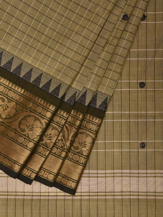 Cream and Olive Kanchipuram 80s Count Cotton Saree with Checks and Buta Design No Blouse k0626
