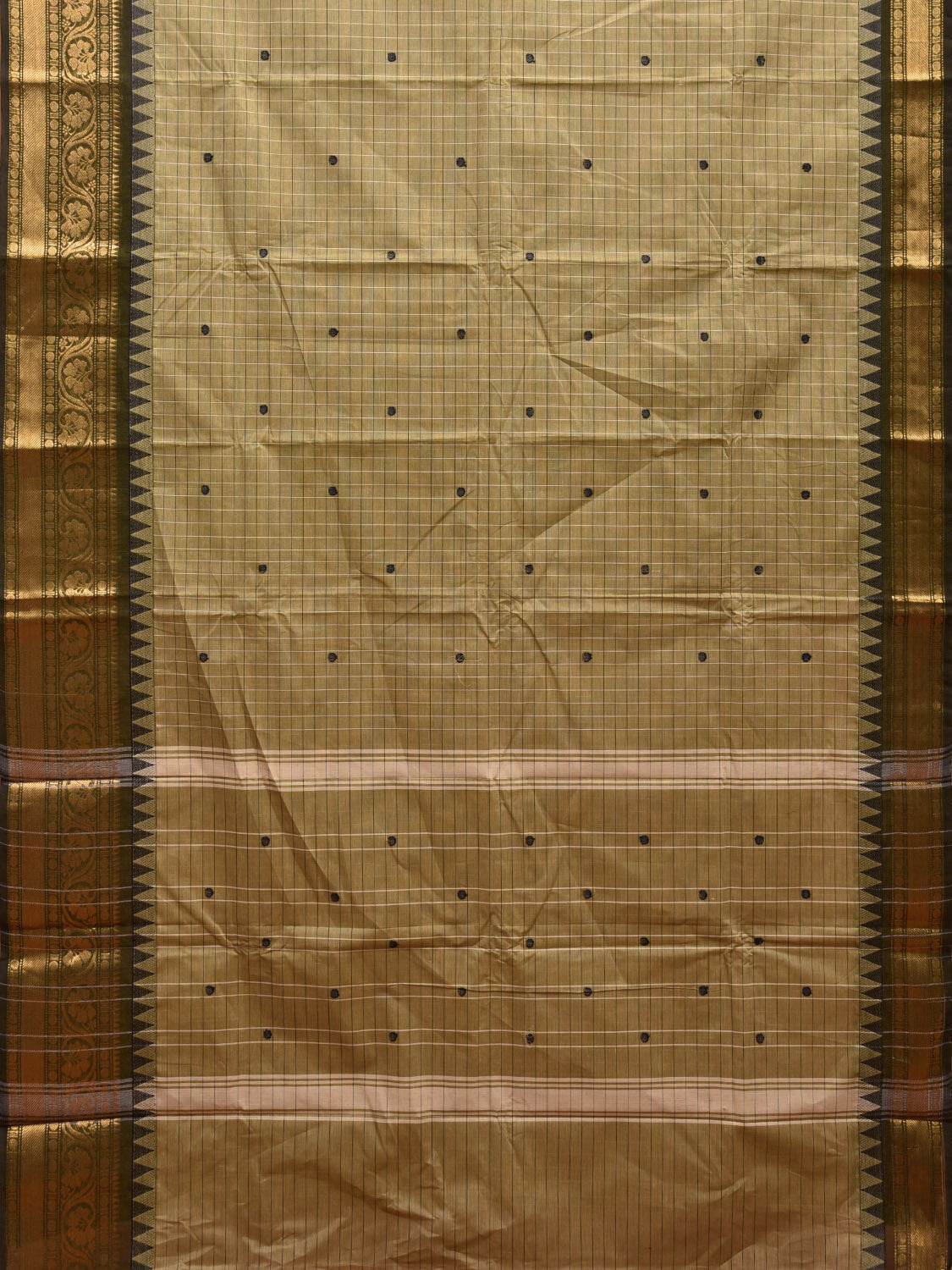 Cream and Olive Kanchipuram 80s Count Cotton Saree with Checks and Buta Design No Blouse k0626