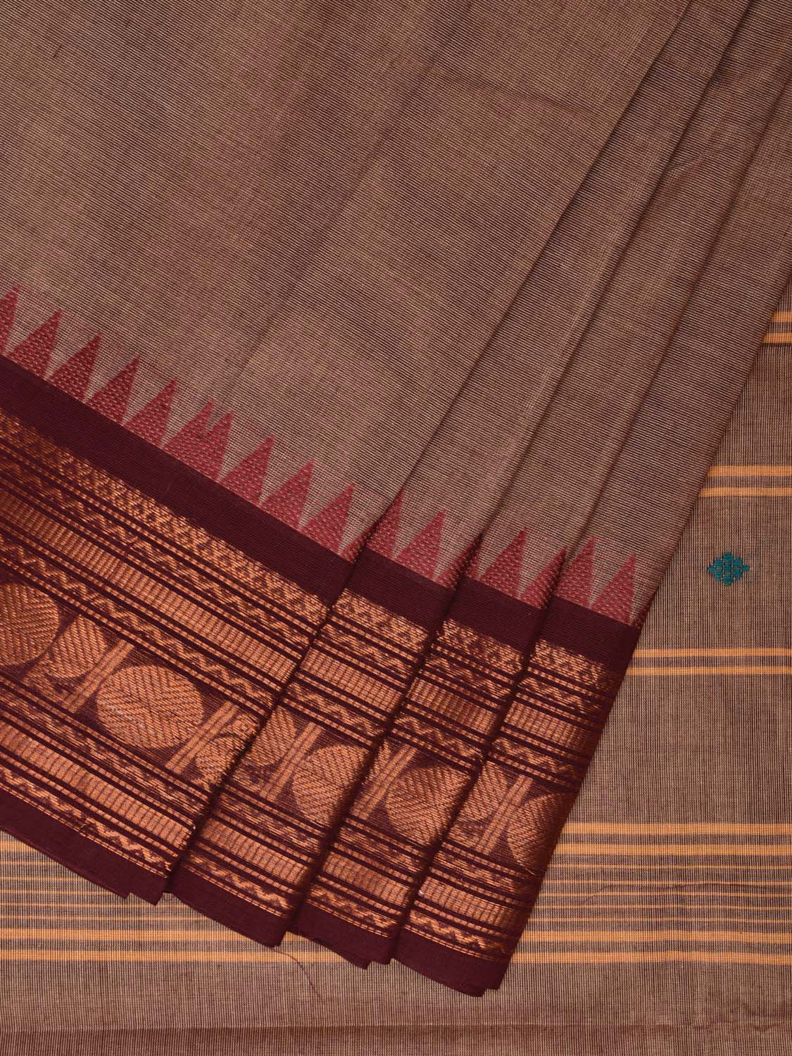 Fawn Kanchipuram 80s Count Cotton Saree with Buta and Ganga-Jamuna Border Design No Blouse k0627