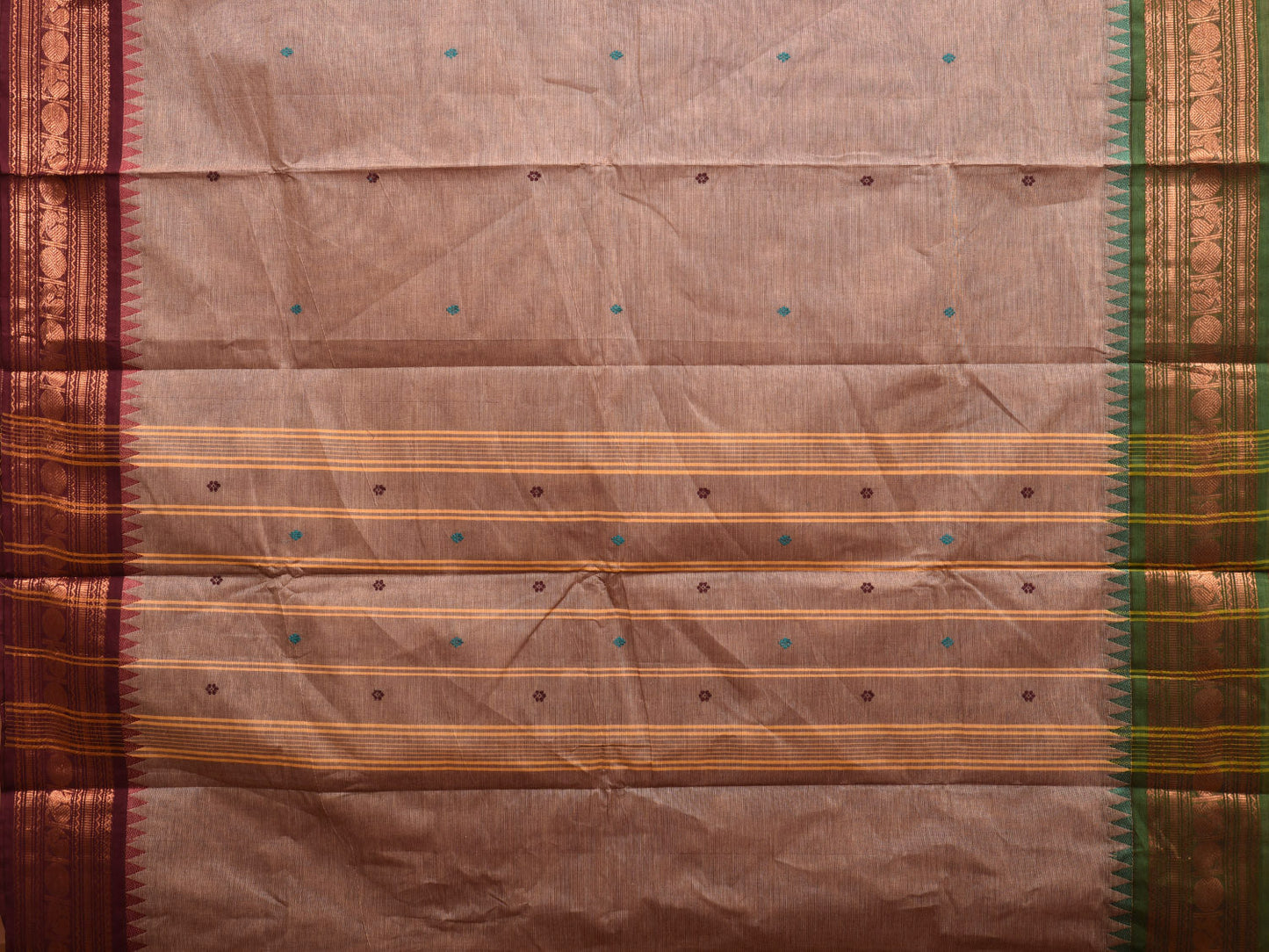 Fawn Kanchipuram 80s Count Cotton Saree with Buta and Ganga-Jamuna Border Design No Blouse k0627