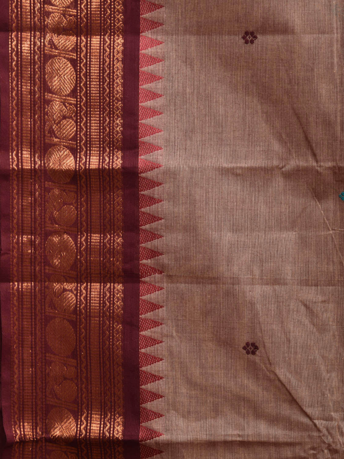 Fawn Kanchipuram 80s Count Cotton Saree with Buta and Ganga-Jamuna Border Design No Blouse k0627