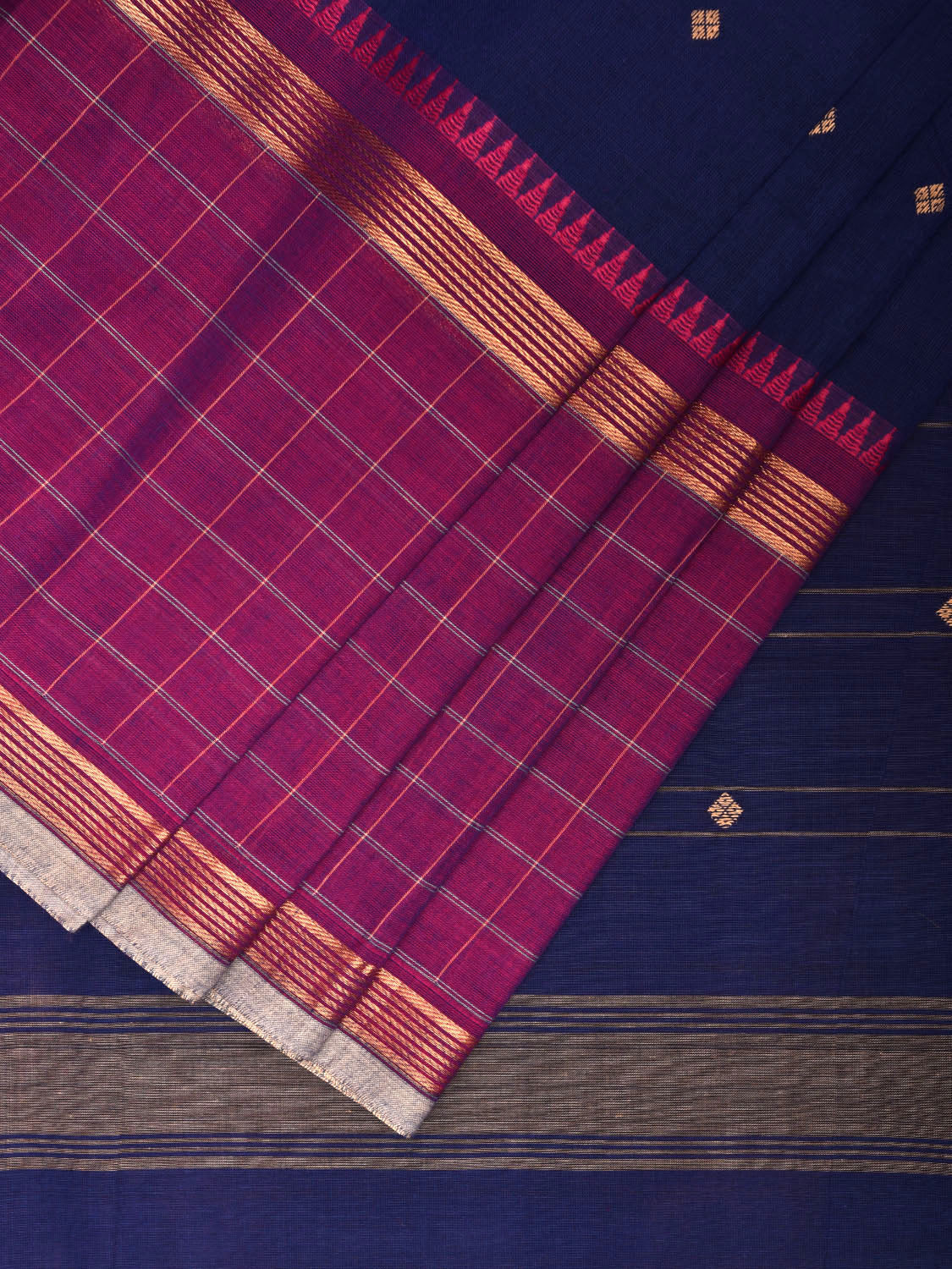 Blue and Purple Kanchipuram 80s Count Cotton Saree with Buta and Border Checks Design No Blouse k0628