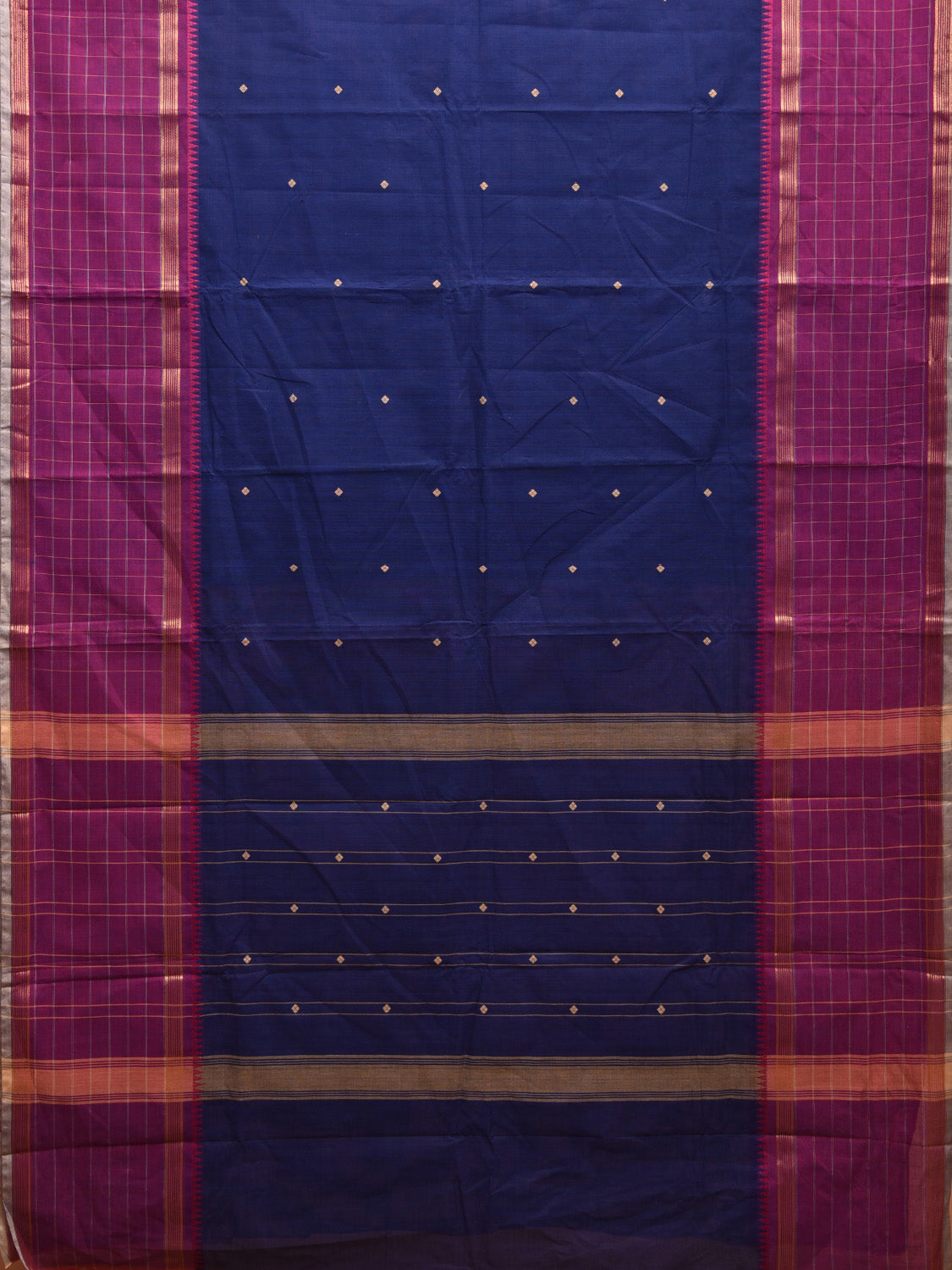 Blue and Purple Kanchipuram 80s Count Cotton Saree with Buta and Border Checks Design No Blouse k0628