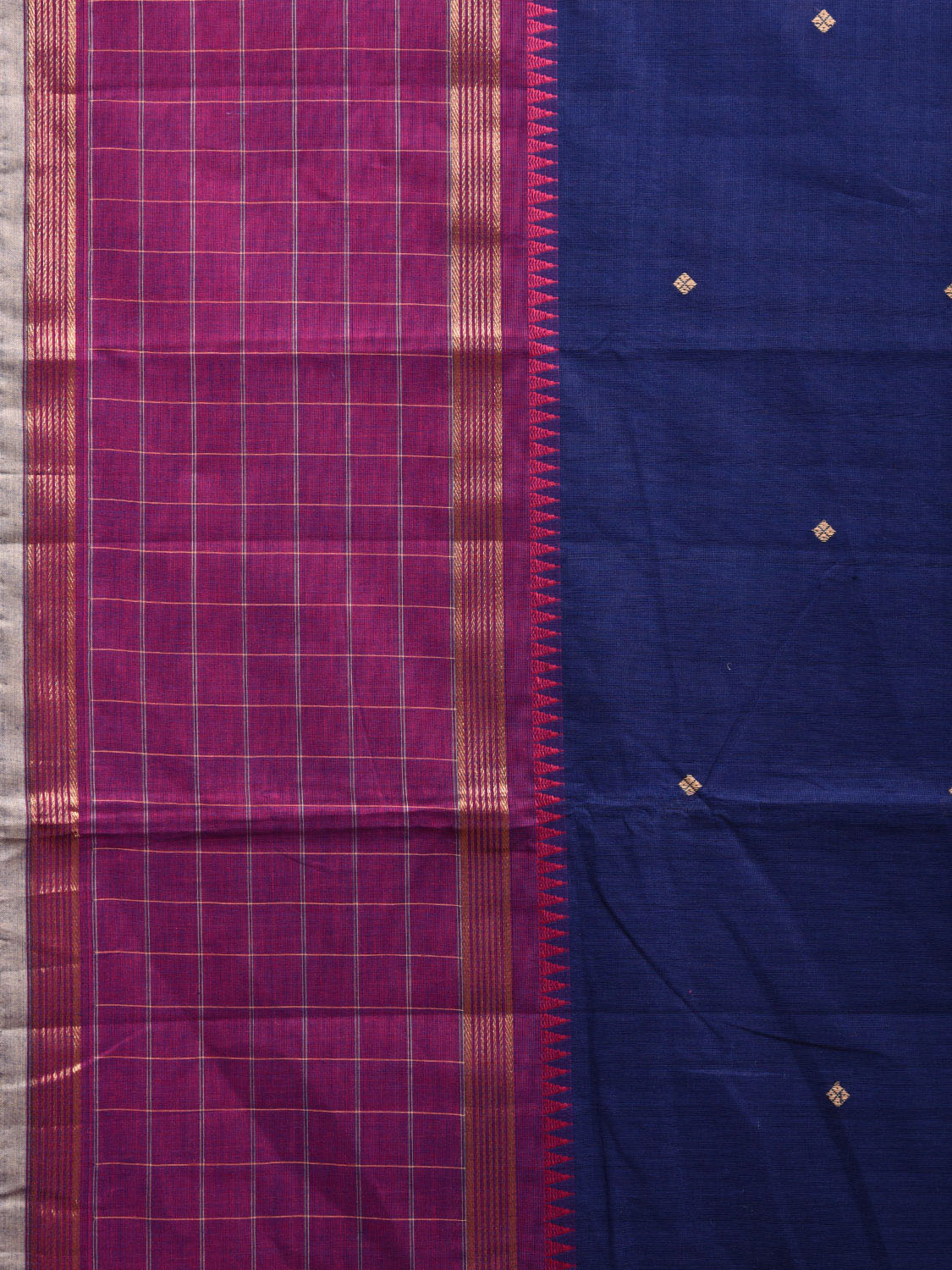Blue and Purple Kanchipuram 80s Count Cotton Saree with Buta and Border Checks Design No Blouse k0628