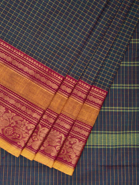 Teal and Pink Kanchipuram 80s Count Cotton Saree with Checks and Border Design No Blouse  k0629