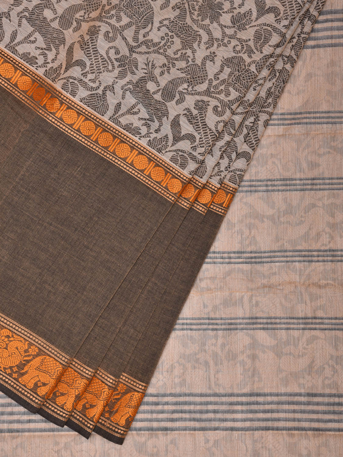 Cream and Khaki Kanchipuram 60s Count Cotton Saree with All Over Shikargha Design k0630