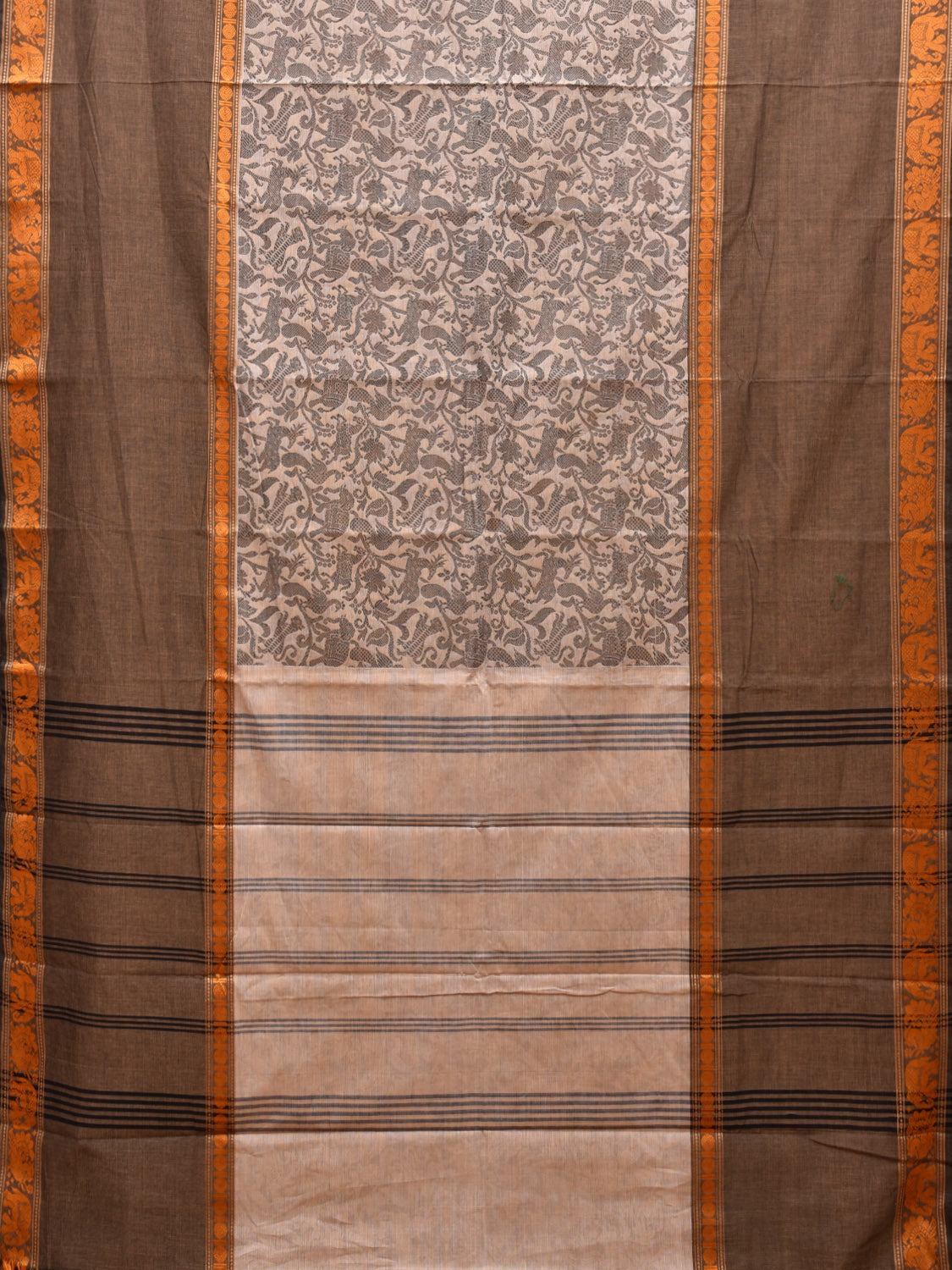 Cream and Khaki Kanchipuram 60s Count Cotton Saree with All Over Shikargha Design k0630