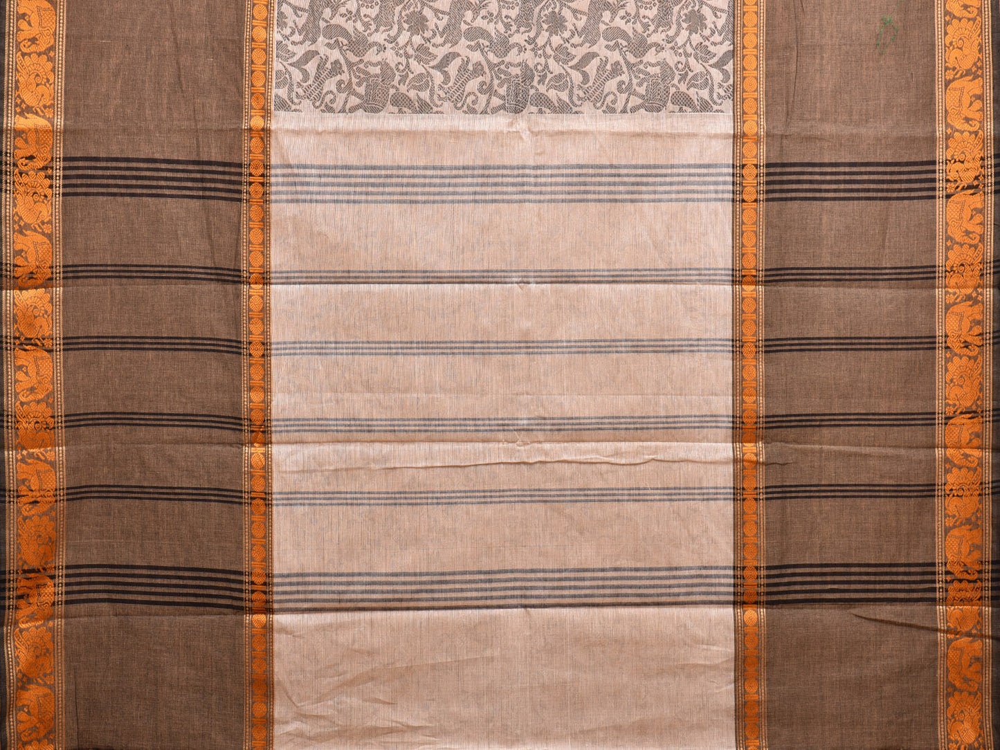 Cream and Khaki Kanchipuram 60s Count Cotton Saree with All Over Shikargha Design k0630