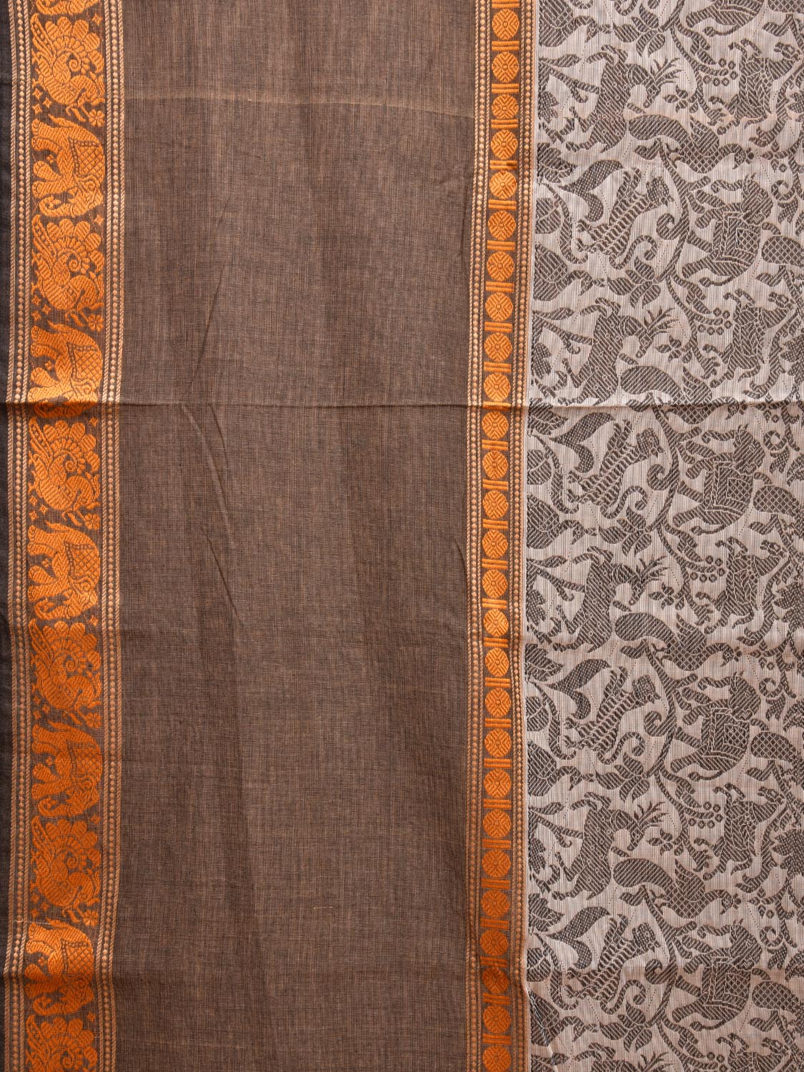Cream and Khaki Kanchipuram 60s Count Cotton Saree with All Over Shikargha Design k0630