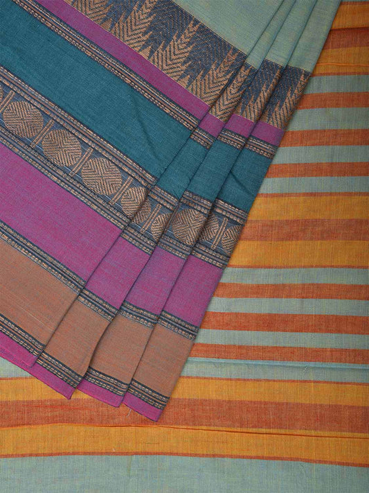 Sea Blue Kanchipuram Cotton Saree with One Side Big Border Design No Blouse k0633
