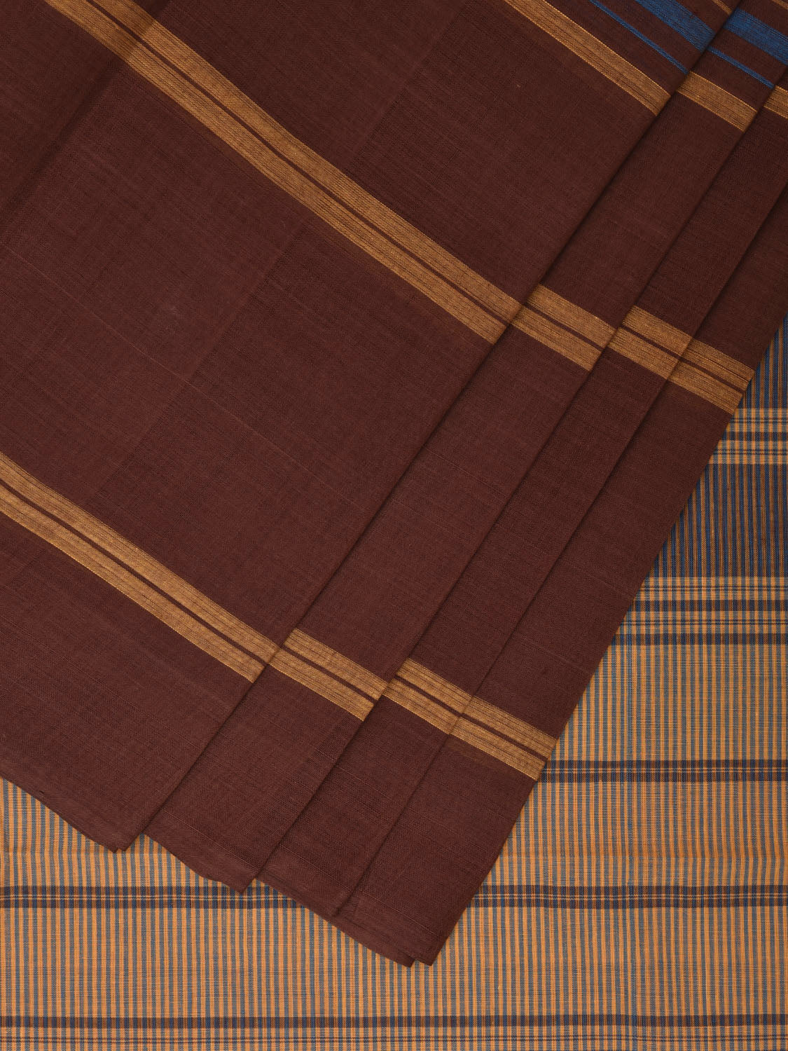 Light Brown Kanchipuram 100s Count Cotton Saree with Strips Body and Pallu Design No Blouse k0634