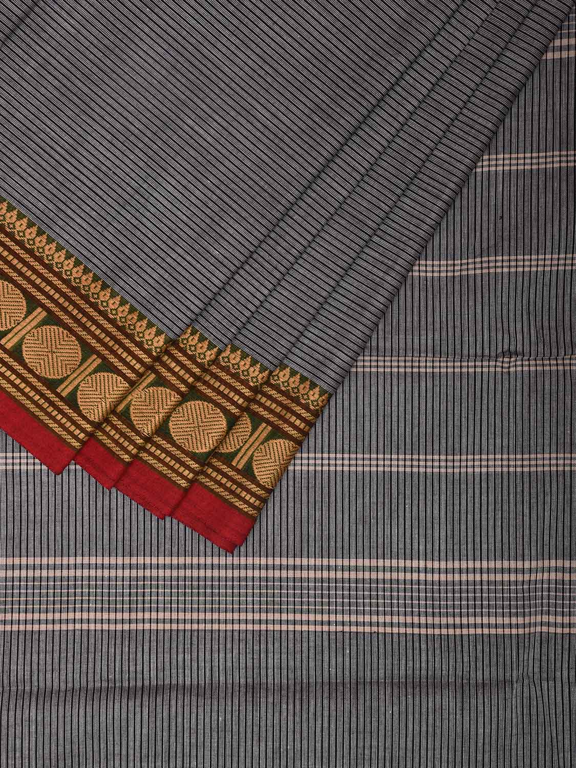 Grey Kanchipuram 80s Cotton Saree with Strips and Rudraksh Border Design No Blouse k0635