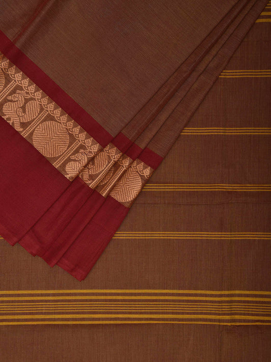 Rust and Red Kanchipuram 80s Cotton Plain Saree with Peacock-Rudraksh Border Design No Blouse k0636