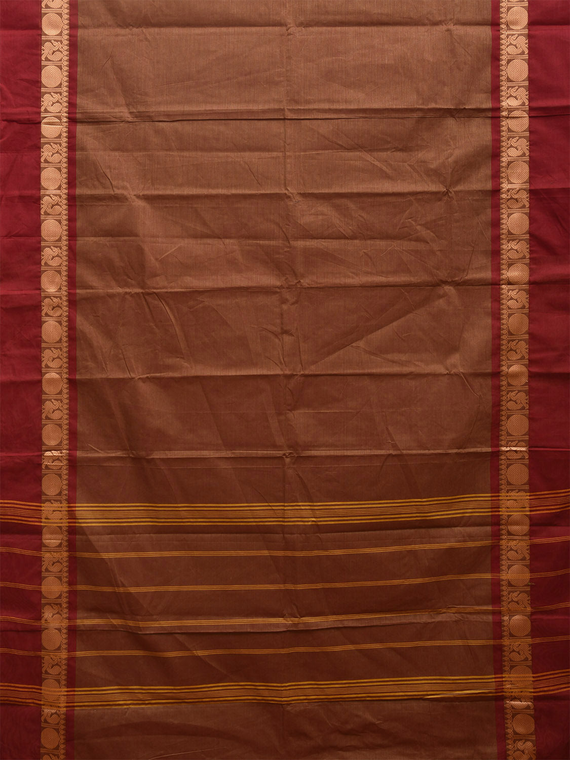 Rust and Red Kanchipuram 80s Cotton Plain Saree with Peacock-Rudraksh Border Design No Blouse k0636