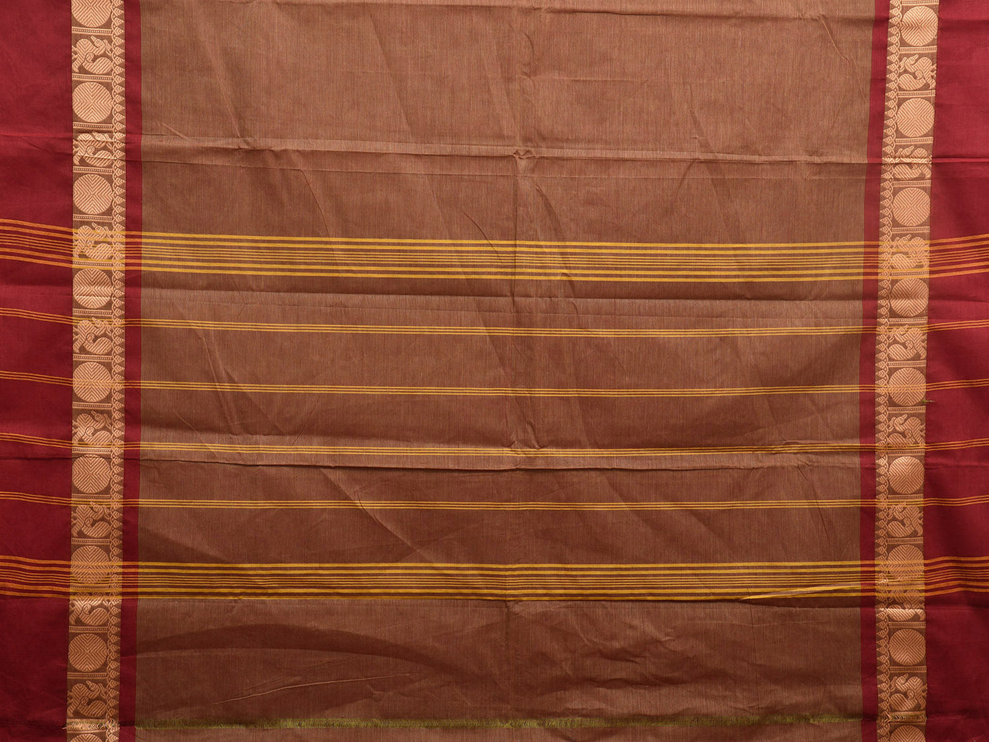 Rust and Red Kanchipuram 80s Cotton Plain Saree with Peacock-Rudraksh Border Design No Blouse k0636