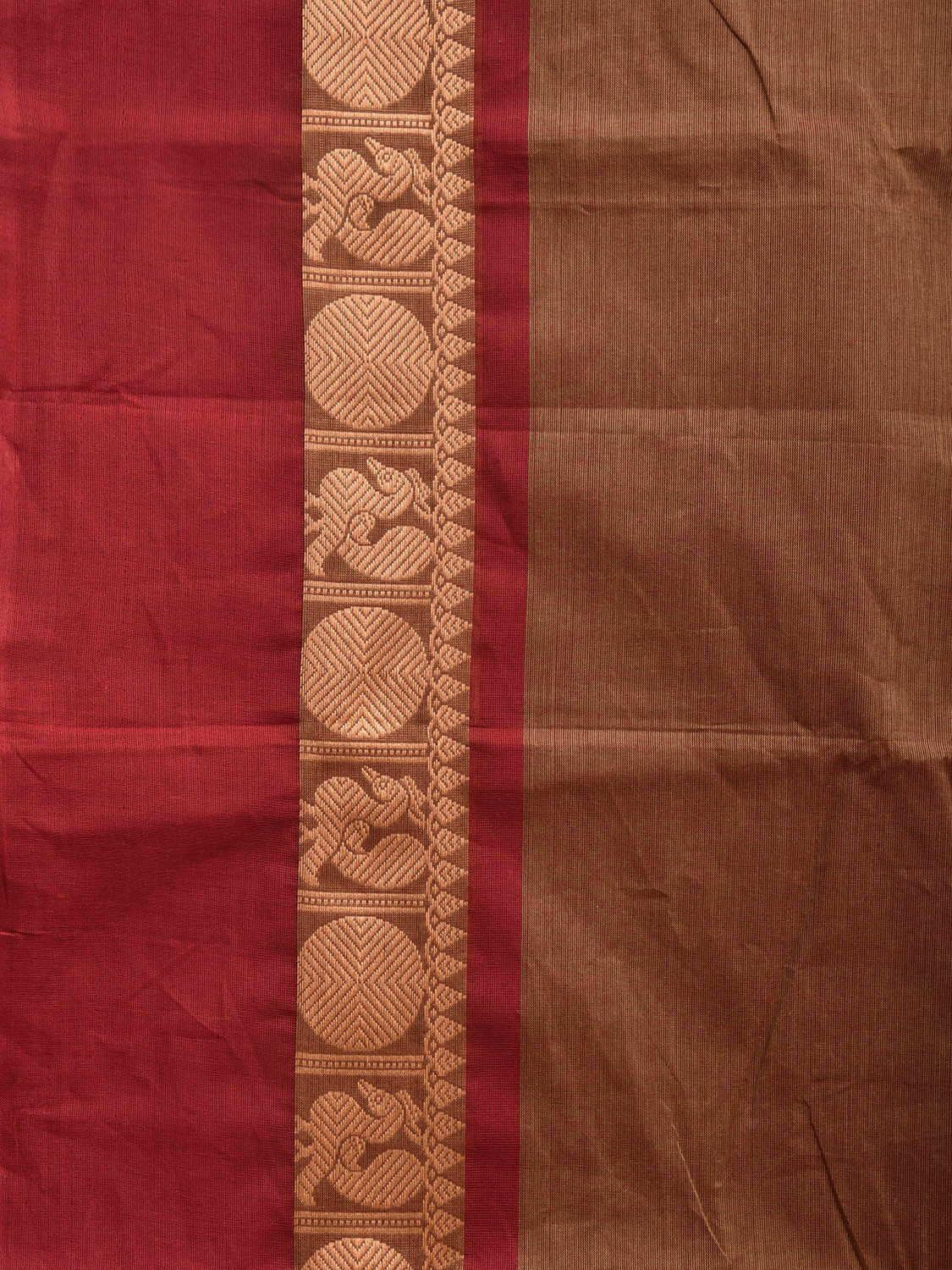 Rust and Red Kanchipuram 80s Cotton Plain Saree with Peacock-Rudraksh Border Design No Blouse k0636