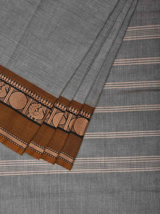 Light Grey and Olive Kanchipuram 80s Cotton Plain Saree with Peacock-Rudraksh Border Design No Blouse k0637