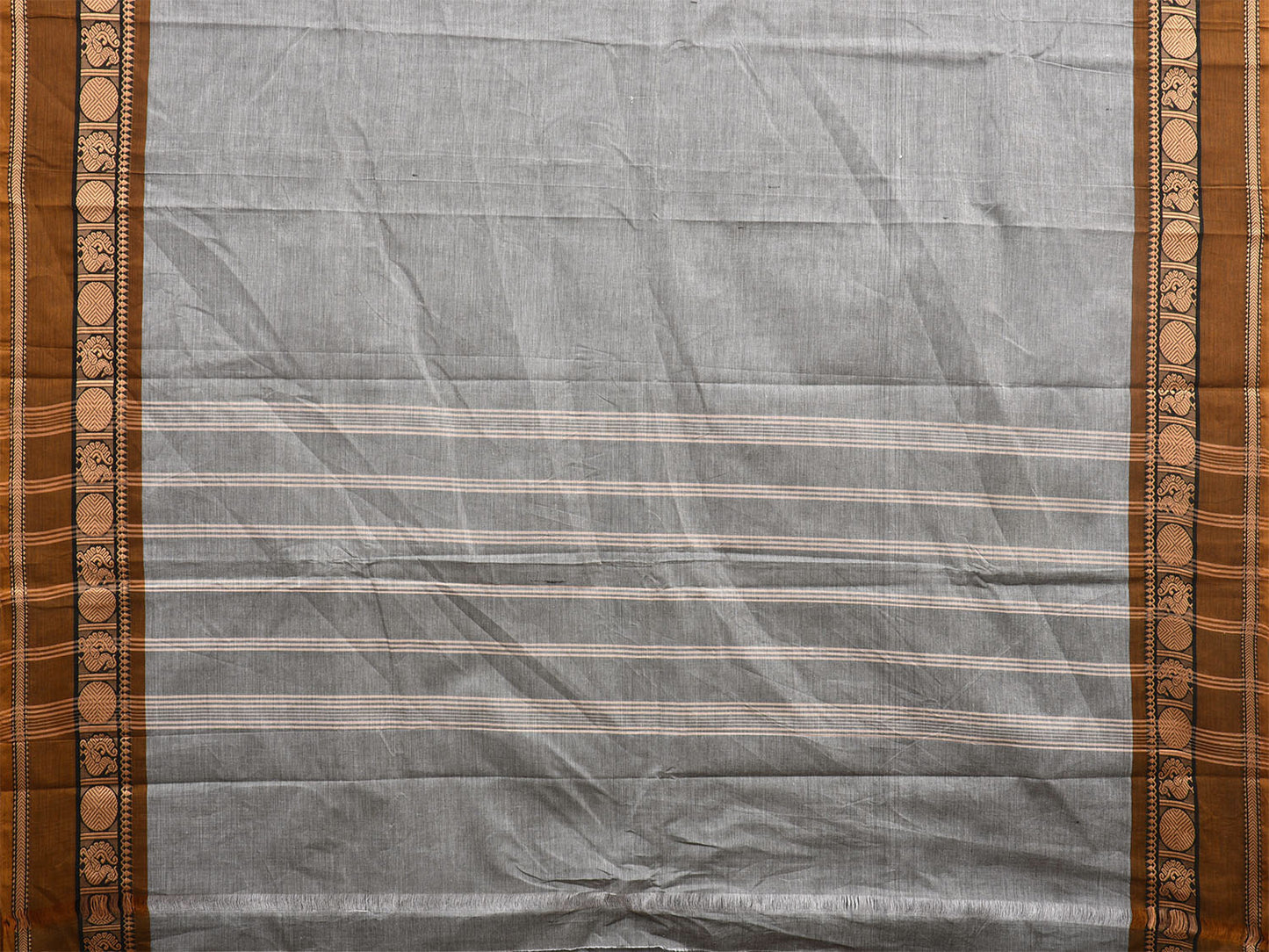 Light Grey and Olive Kanchipuram 80s Cotton Plain Saree with Peacock-Rudraksh Border Design No Blouse k0637