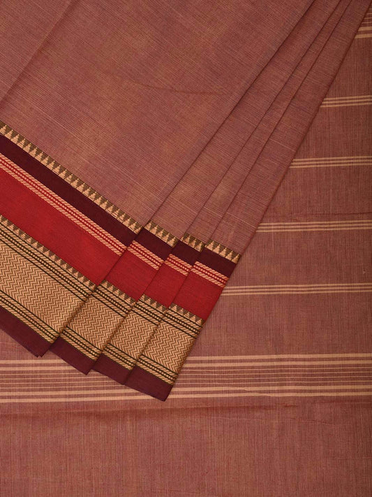 Fawn and Red Kanchipuram 80s Cotton Plain Saree with Strips Pallu Design No Blouse k0638