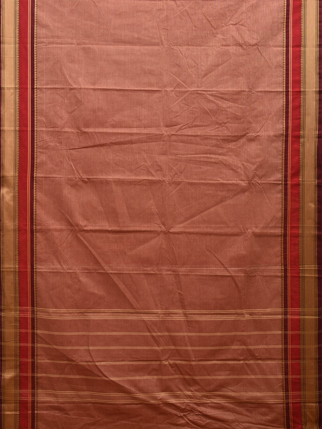 Fawn and Red Kanchipuram 80s Cotton Plain Saree with Strips Pallu Design No Blouse k0638