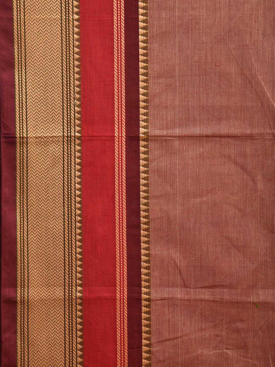 Fawn and Red Kanchipuram 80s Cotton Plain Saree with Strips Pallu Design No Blouse k0638