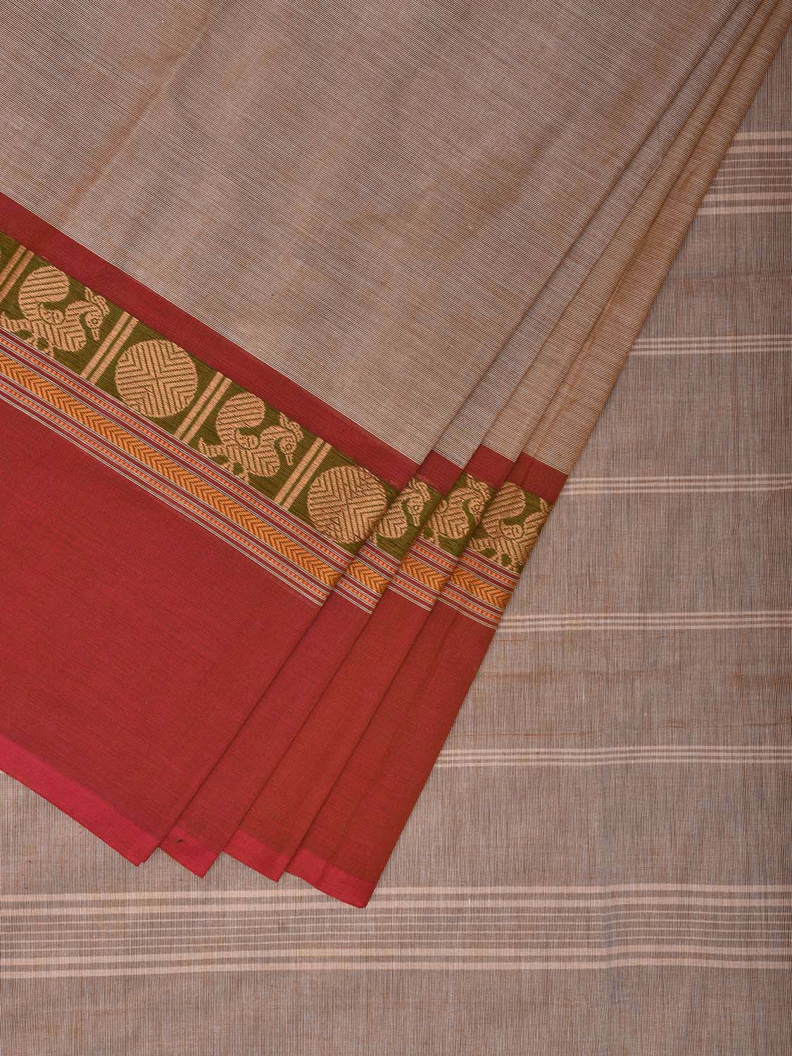 Cream Kanchipuram 80s Cotton Plain Saree with Ganga-Jamuna Border Design No Blouse k0639