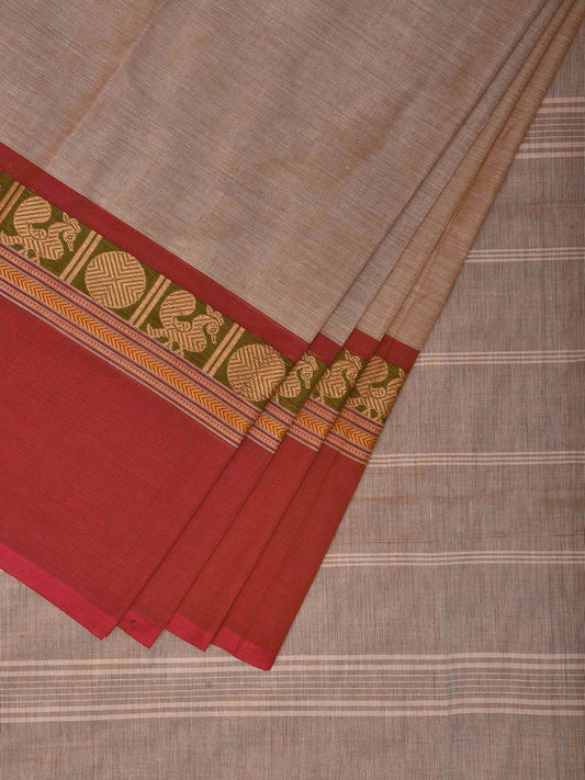 Cream Kanchipuram 80s Cotton Plain Saree with Ganga-Jamuna Border Design No Blouse k0639