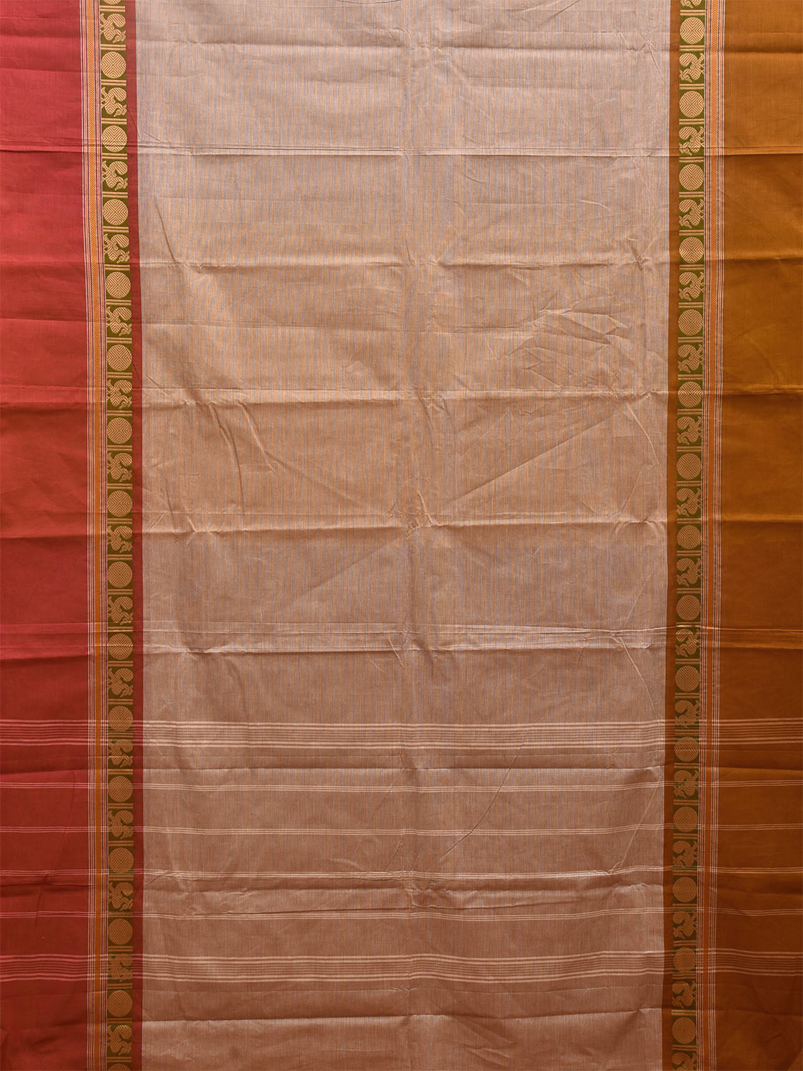 Cream Kanchipuram 80s Cotton Plain Saree with Ganga-Jamuna Border Design No Blouse k0639