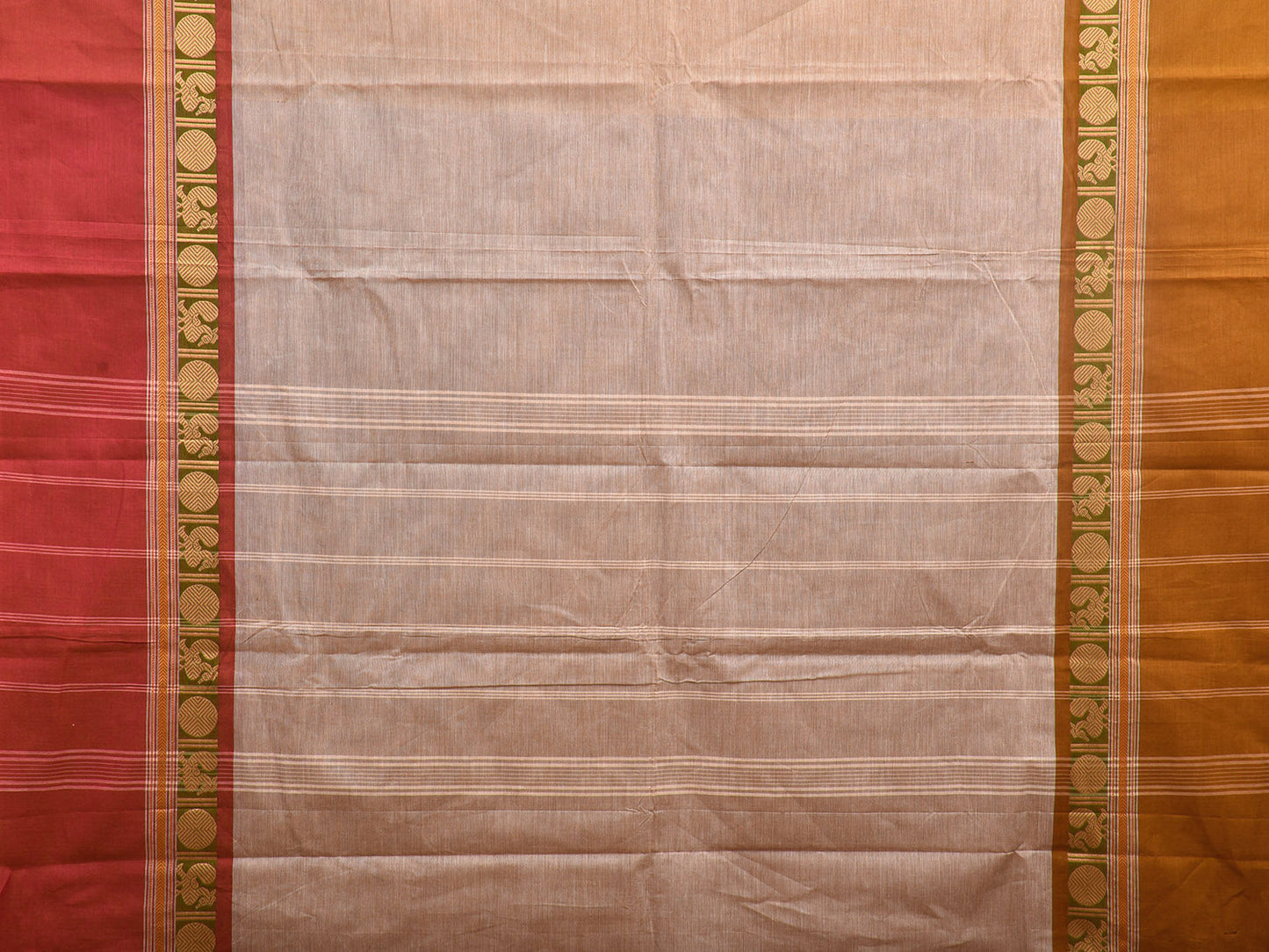 Cream Kanchipuram 80s Cotton Plain Saree with Ganga-Jamuna Border Design No Blouse k0639