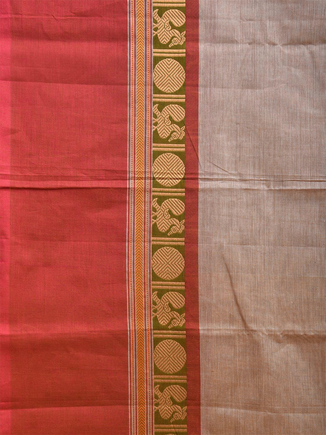 Cream Kanchipuram 80s Cotton Plain Saree with Ganga-Jamuna Border Design No Blouse k0639