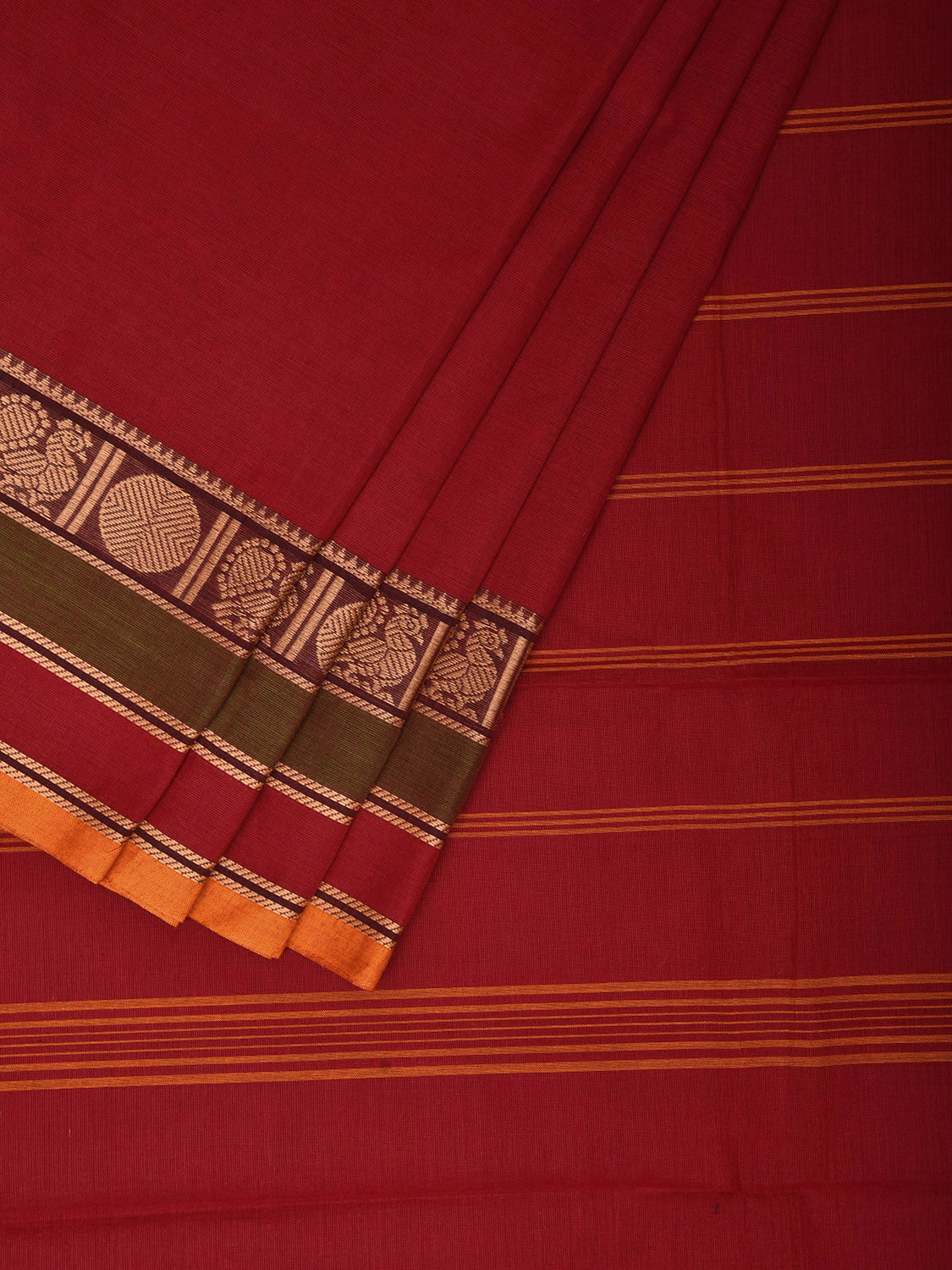 Dark Red Kanchipuram 80s Cotton Plain Saree with Peacock-Rudraksh Border Design No Blouse k0640