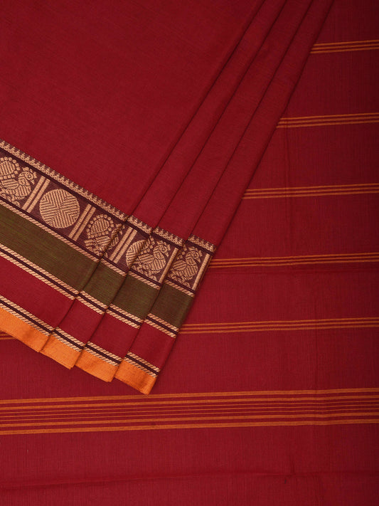 Dark Red Kanchipuram 80s Cotton Plain Saree with Peacock-Rudraksh Border Design No Blouse k0640
