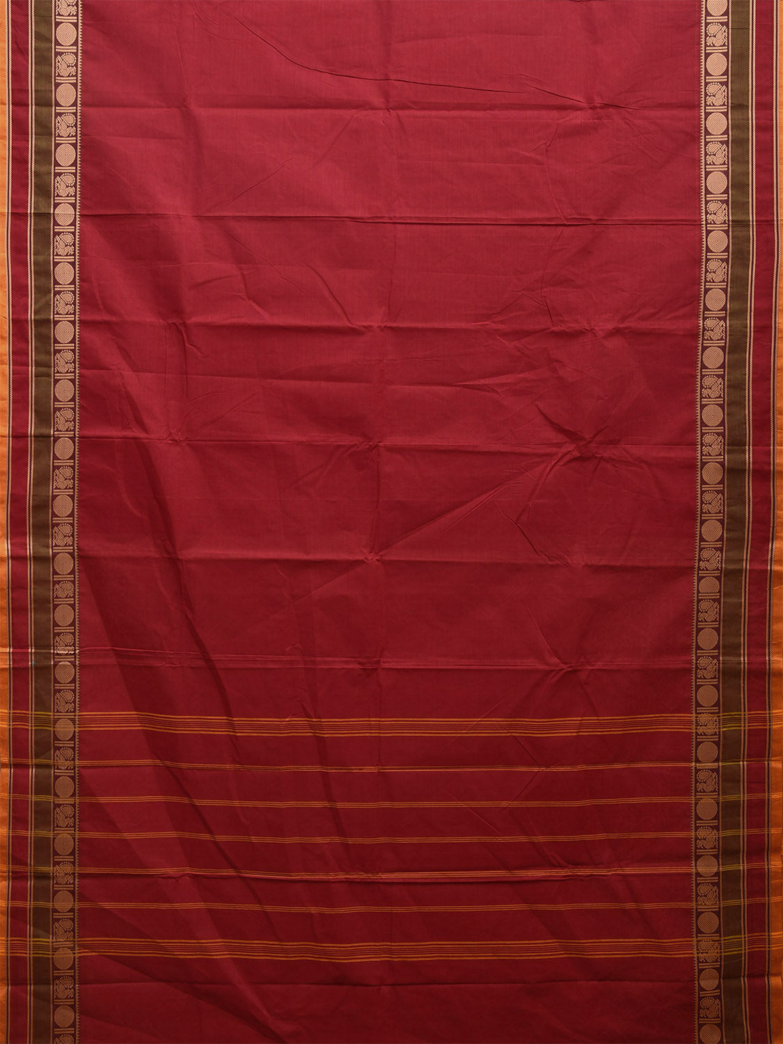 Dark Red Kanchipuram 80s Cotton Plain Saree with Peacock-Rudraksh Border Design No Blouse k0640