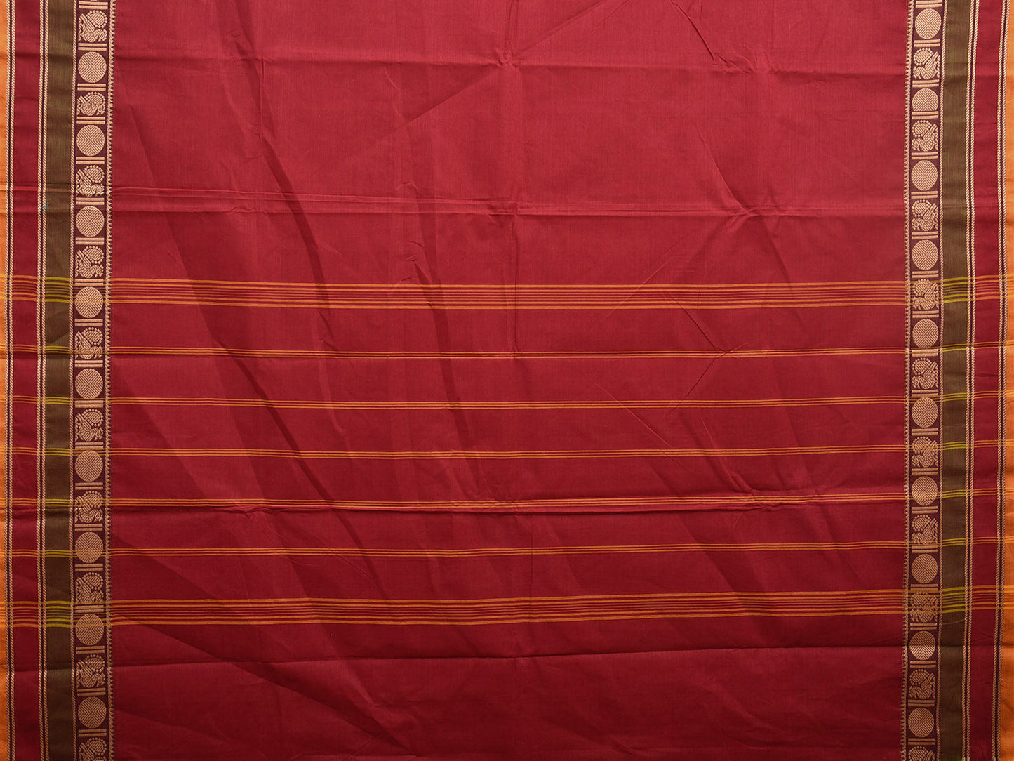 Dark Red Kanchipuram 80s Cotton Plain Saree with Peacock-Rudraksh Border Design No Blouse k0640