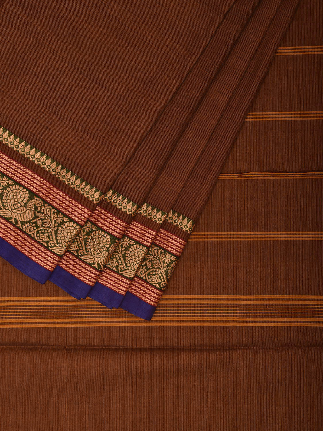 Olive Kanchipuram 80s Cotton Plain Saree with Peacock Border Design No Blouse k0641