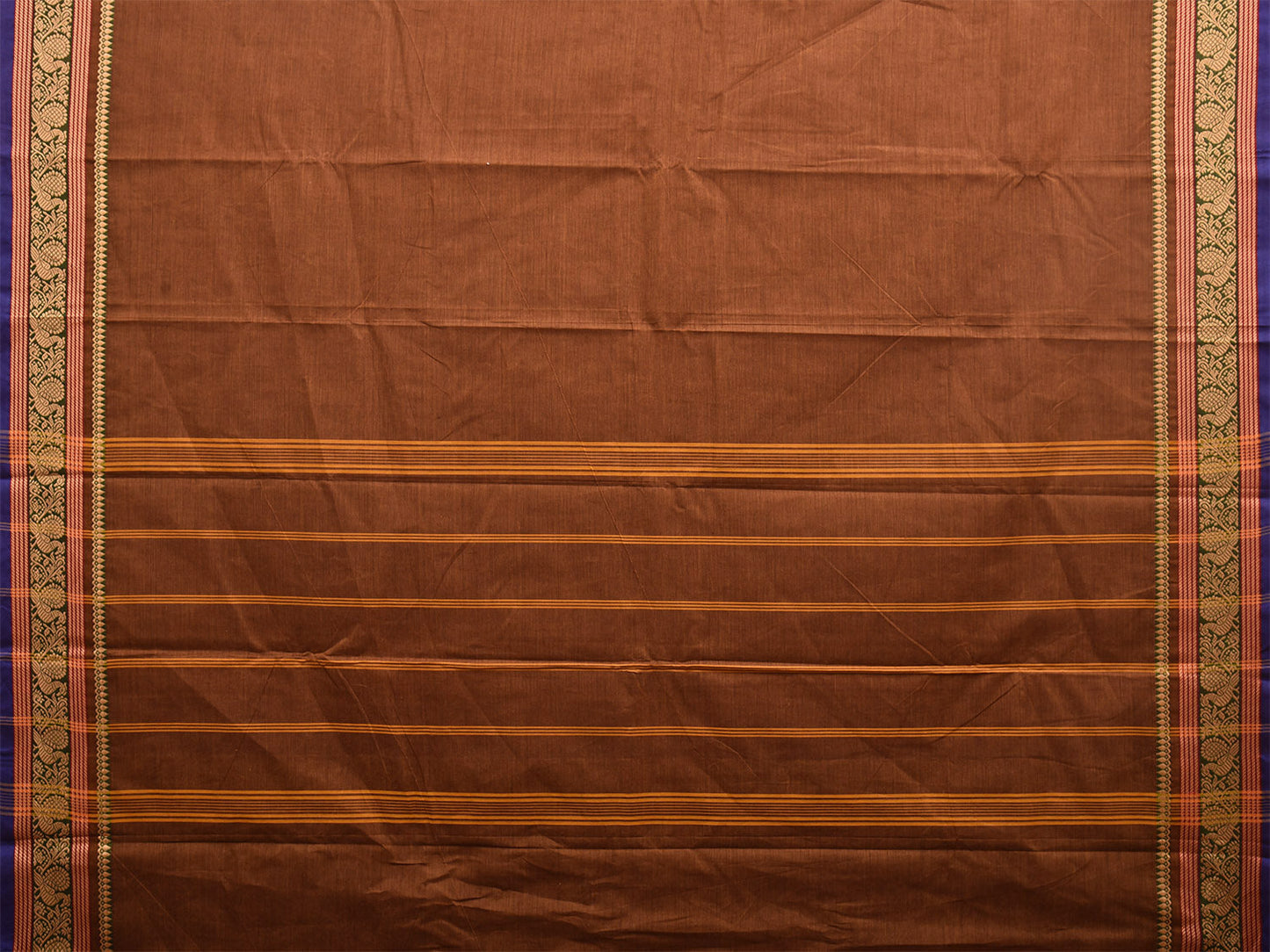 Olive Kanchipuram 80s Cotton Plain Saree with Peacock Border Design No Blouse k0641