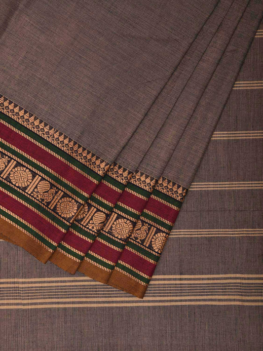 Grey Kanchipuram 80s Cotton Plain Saree with Peacock-Rudraksh Border Design No Blouse k0642
